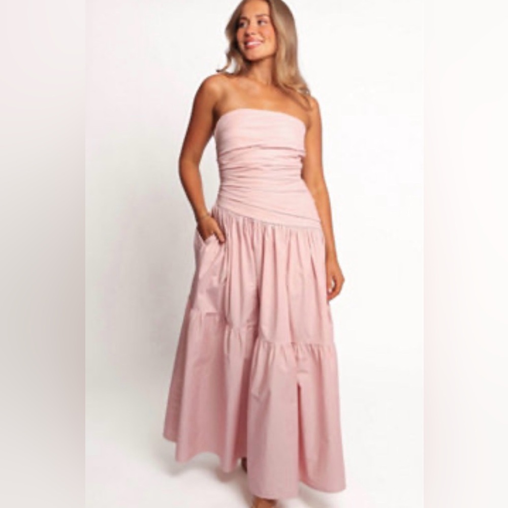 Petal & Pup Strapless Dusty Pink Ruched Midi Dress Tiered Cotton NWT SM